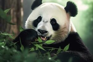 Panda eating bamboo on a tree branch.Generative Ai. photo