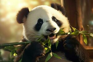 Panda eating bamboo on a tree branch.Generative Ai. photo