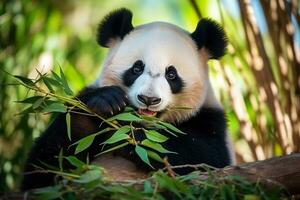 Panda eating bamboo on a tree branch.Generative Ai. photo