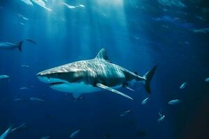 tiburón nadando en el profundo mar.generativo ai. foto