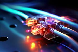 conectando Internet con vistoso fibra óptico cables.generativos ai. foto