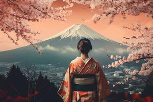 mujer vistiendo un kimono con Cereza flores y fuji montaña.generativa ai. foto