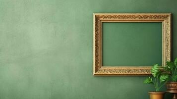 Wooden frame on the wall of the room green background.Generative Ai. photo