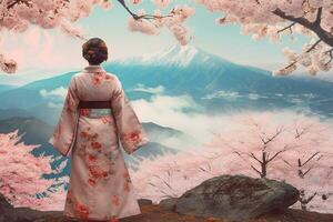 mujer vistiendo un kimono con Cereza flores y fuji montaña.generativa ai. foto