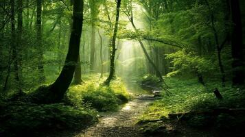 Beautiful green forest with good light.Generative Ai. photo