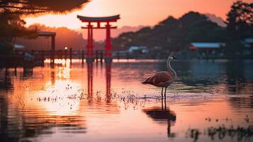 flamenco en río con torii portón y puesta de sol fondo.generativo ai. foto