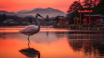 Flamingo on river with Torii gate and sunset background.Generative Ai. photo