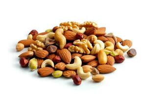 Mixed nuts on white background.Generative Ai. photo