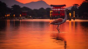 flamenco en río con torii portón y puesta de sol fondo.generativo ai. foto