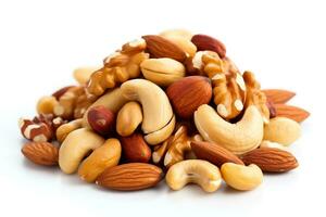 Mixed nuts on white background.Generative Ai. photo