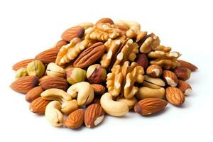 Mixed nuts on white background.Generative Ai. photo