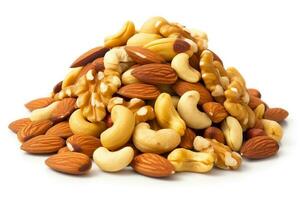 Mixed nuts on white background.Generative Ai. photo