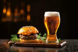 Beer poured into glass with beef hamburgers.Generative Ai. photo