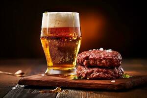 Beer poured into glass with beef hamburgers.Generative Ai. photo