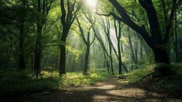 Beautiful green forest with good light.Generative Ai. photo