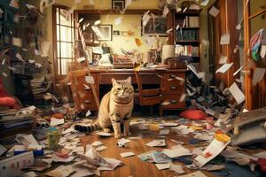 Cat making chaos in the room.Generative Ai. photo