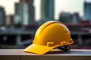 Yellow helmet engineer worker safety construction background.Generative Ai. photo