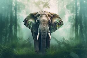Double exposure Elephant with green forest.Generative Ai. photo