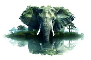 Double exposure Elephant with green forest.Generative Ai. photo