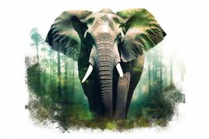 Double exposure Elephant with green forest.Generative Ai. photo