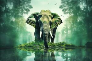 Double exposure Elephant with green forest.Generative Ai. photo