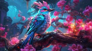Fantasy bird perched on a branch with glowing pink flowers.Generative Ai. photo