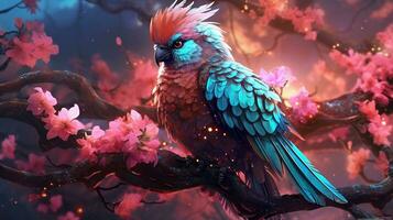 Fantasy bird perched on a branch with glowing pink flowers.Generative Ai. photo