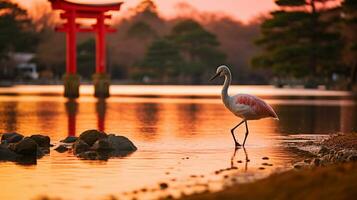 flamenco en río con torii portón y puesta de sol fondo.generativo ai. foto