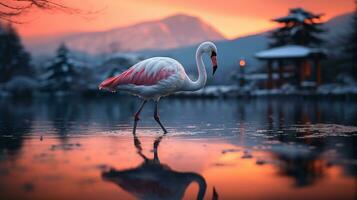 Flamingo on river with sunset mountain background.Generative Ai. photo