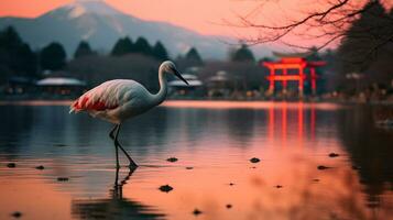 flamenco en río con torii portón y puesta de sol fondo.generativo ai. foto