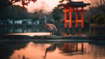 flamenco en río con torii portón y puesta de sol fondo.generativo ai. foto