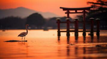 flamenco en río con torii portón y puesta de sol fondo.generativo ai. foto