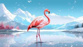 Flamingo on snow with mountain background.Generative Ai. photo