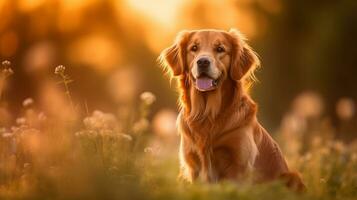 Golden retriever sitting on meadow with sunset.Generative Ai. photo