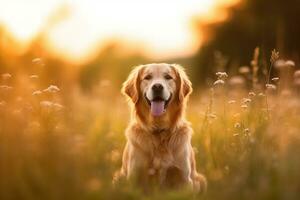 Golden retriever sitting on meadow with sunset.Generative Ai. photo