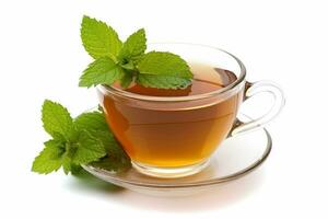 Tea in cup with leaf mint isolated on white background.Generative Ai. photo