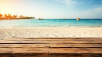 wooden table on the sea background.Generative Ai. photo