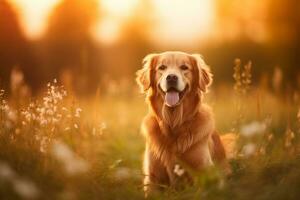 Golden retriever sitting on meadow with sunset.Generative Ai. photo