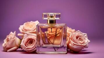 Perfume rose Floral on purple background.Generative Ai. photo