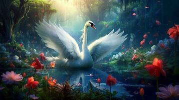 White swan beautiful wings in fantasy forest.Generative Ai. photo