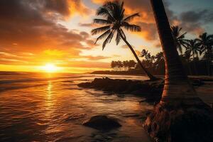 Sunrise hawaii with coconut tree.Generative Ai. photo