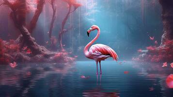 Pink flamingo beautiful in the  fantasy forest.Generative Ai. photo