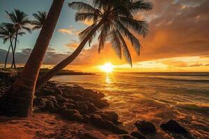 Sunrise hawaii with coconut tree.Generative Ai. photo