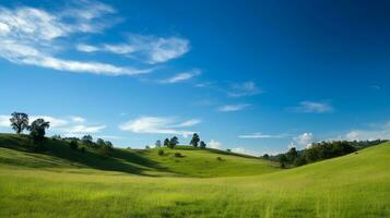 Grassy hills with blue sky.Generative Ai. photo