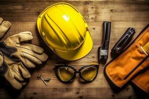 Construction site protective equipment on wooden background.Generative Ai. photo