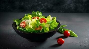 Healthy fresh vegetable salad with cucumber, onion, spinach,tomato on black background.Generative Ai. photo