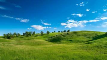 Grassy hills with blue sky.Generative Ai. photo