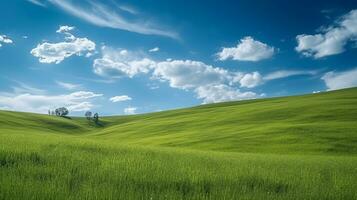 Grassy hills with blue sky.Generative Ai. photo