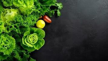 Healthy fresh vegetable salad with cucumber, onion, spinach,tomato on black background.Generative Ai. photo