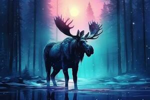 Moose in the forest with aurora magical atmosphere.Generative Ai. photo